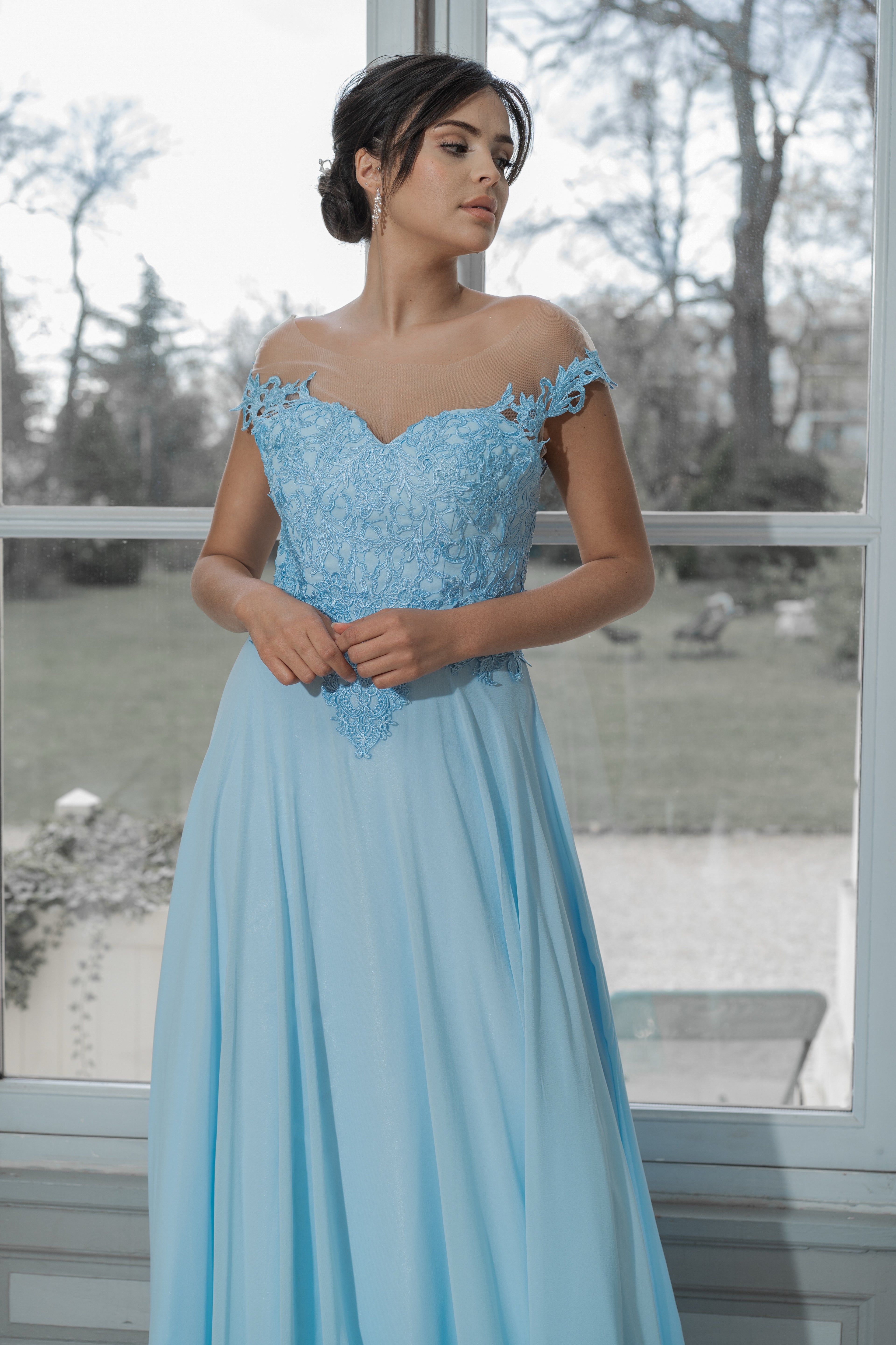 Robe de soirée longue dentelle & mousseline