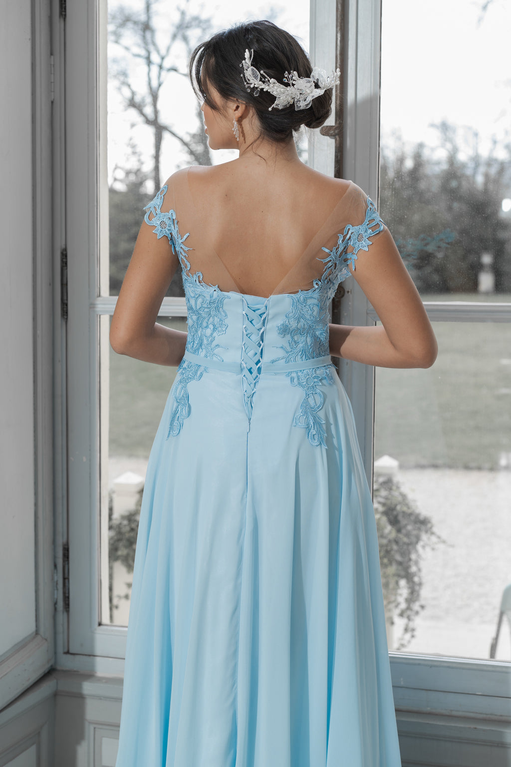 Robe de soirée longue dentelle & mousseline