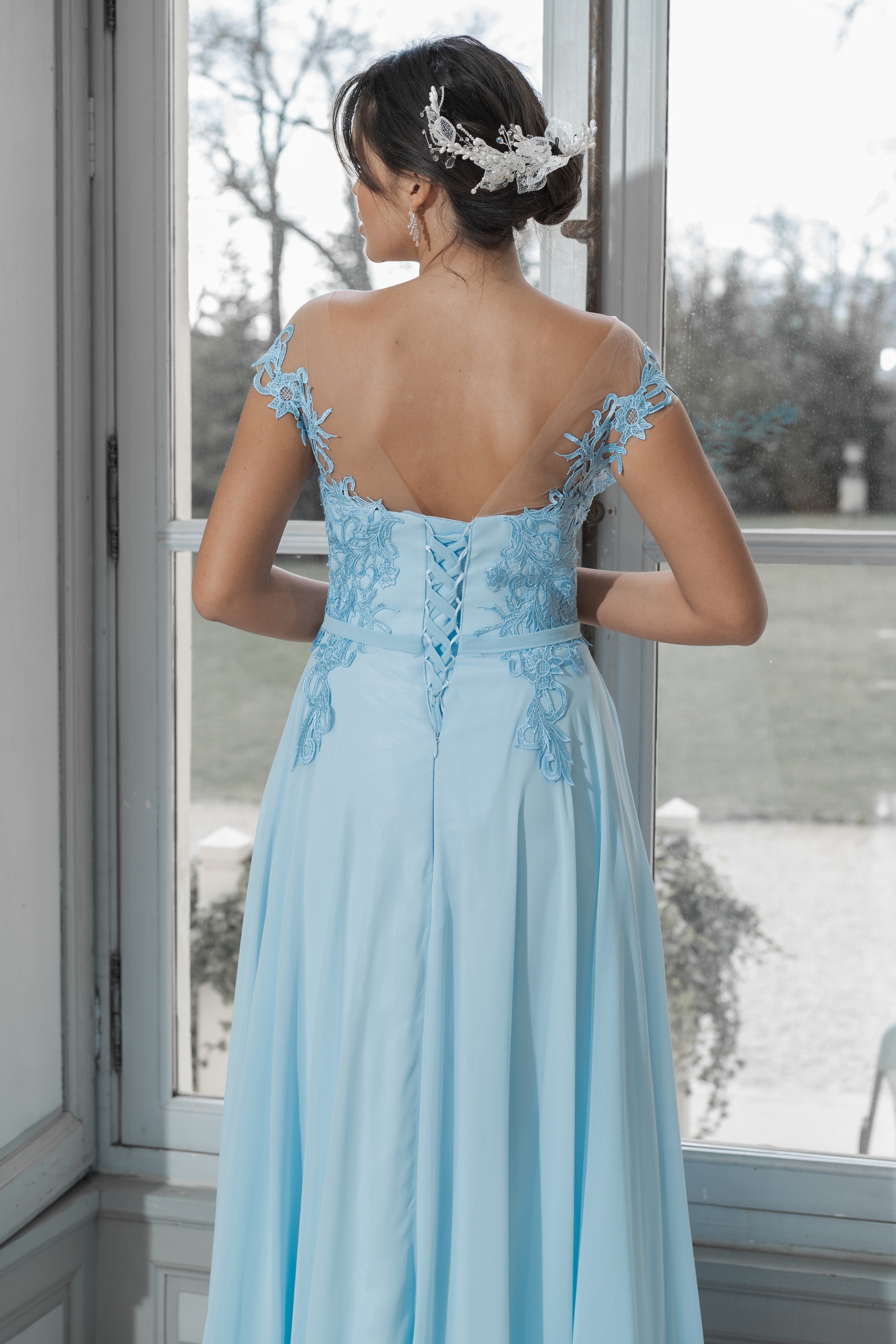 Robe de soirée longue dentelle & mousseline