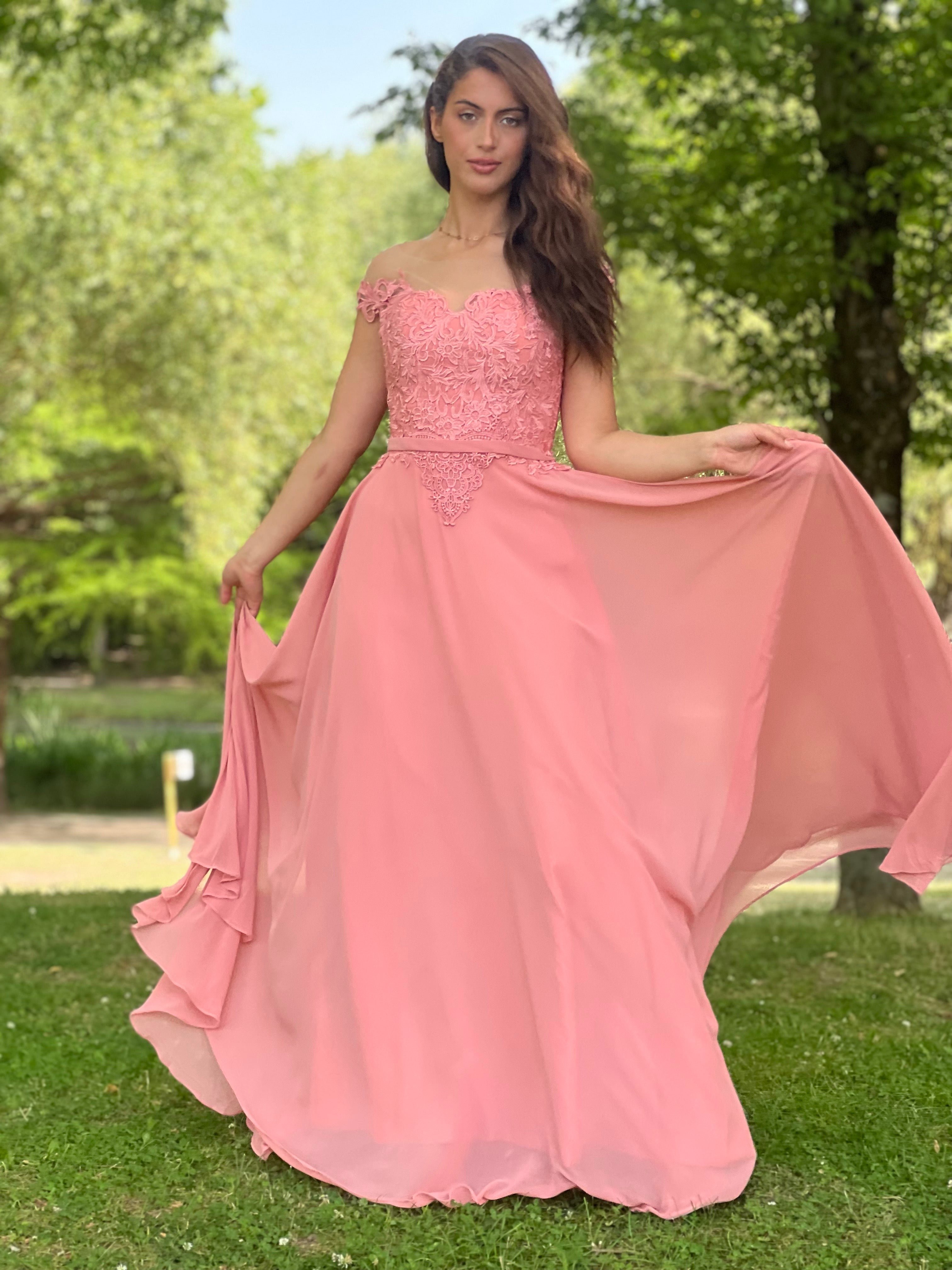 Robe de soirée longue dentelle & mousseline
