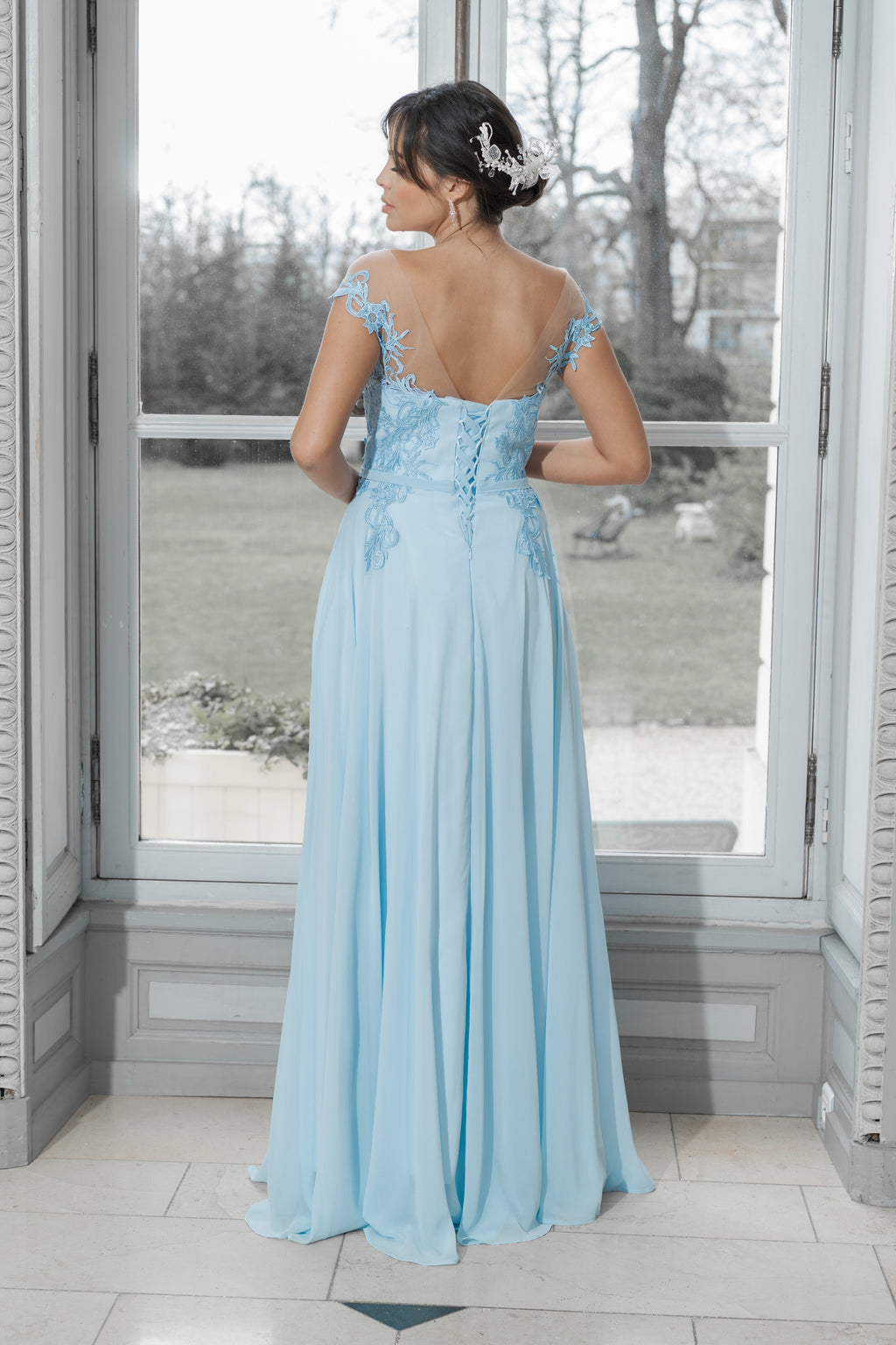 Robe de soirée longue dentelle & mousseline