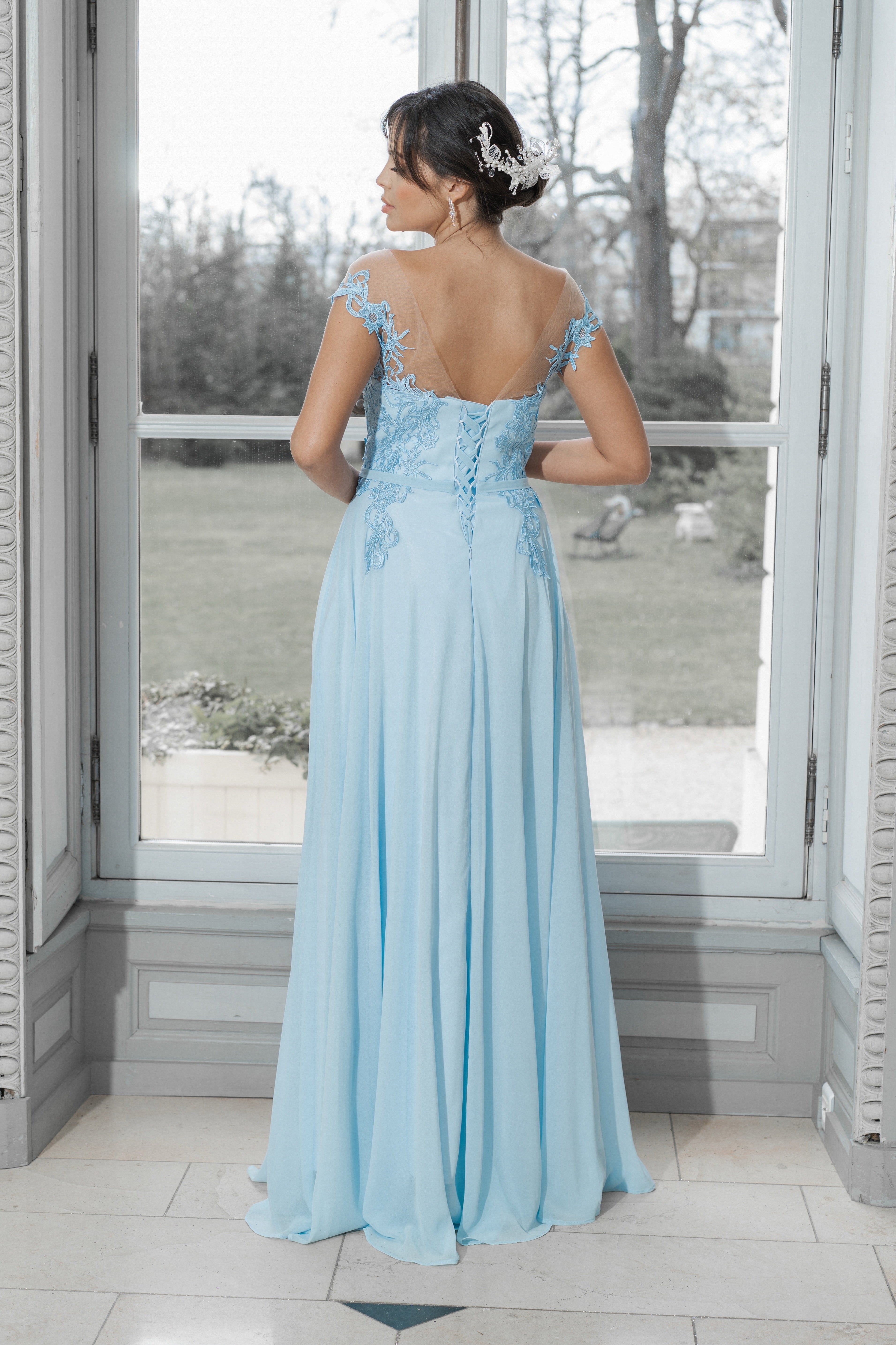 Robe de soirée longue dentelle & mousseline