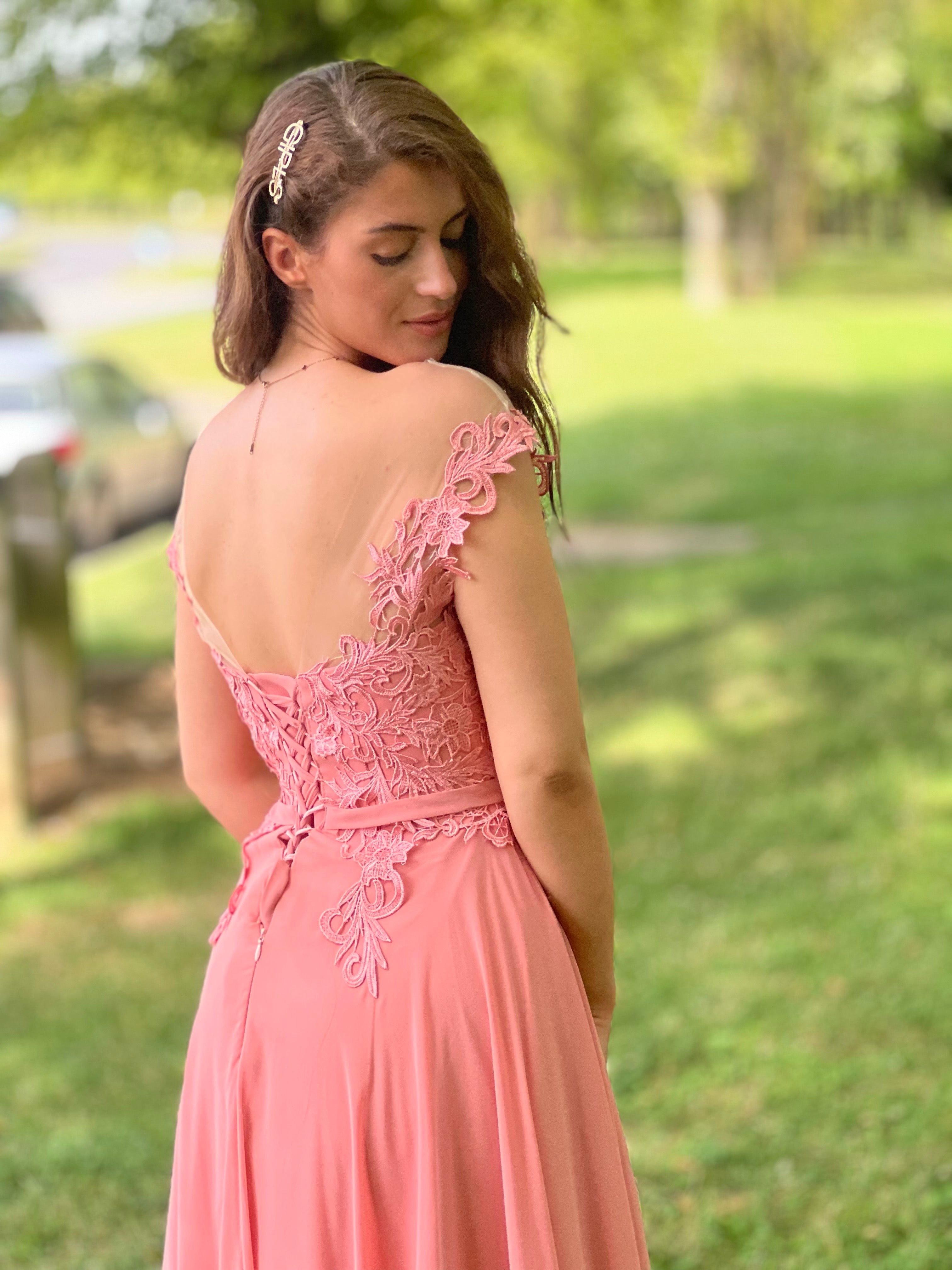 Robe de soirée longue dentelle & mousseline
