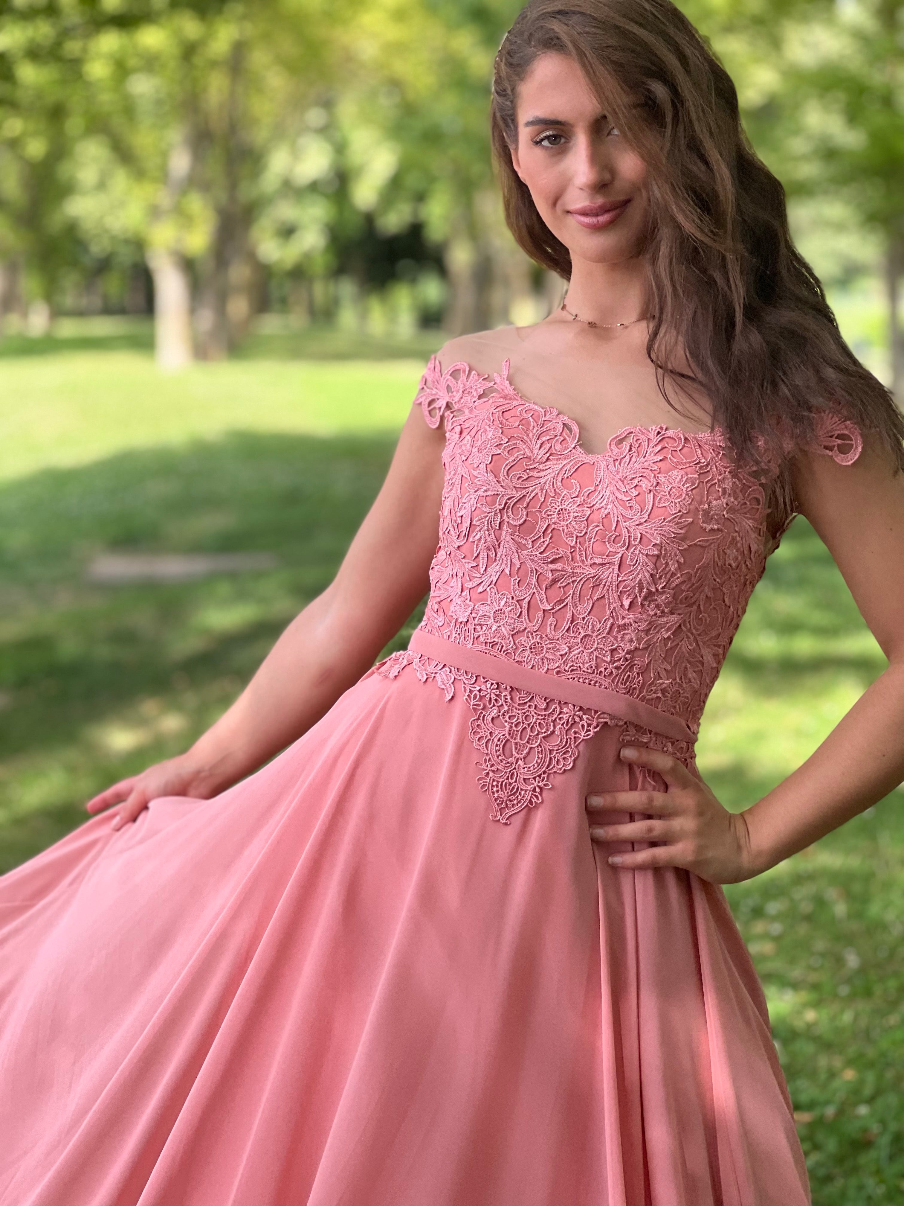 Robe de soirée longue dentelle & mousseline